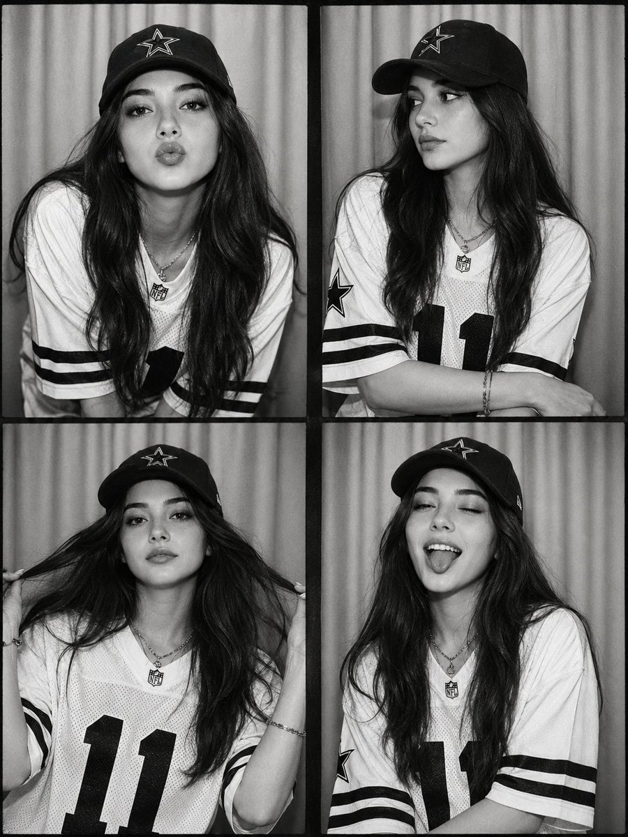 Confident woman in football jersey poses in vintage photobooth