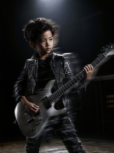 Young Guitarist Under Spotlight in High-Contrast Studio