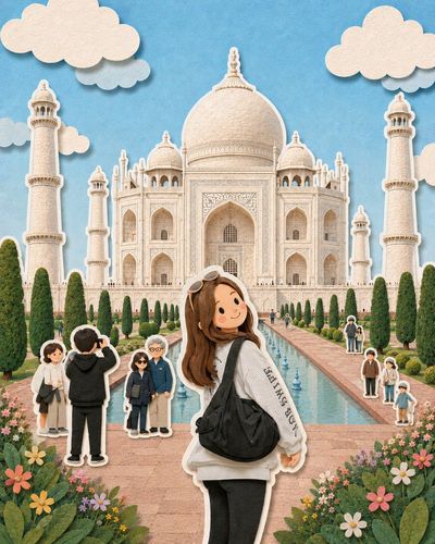 A cheerful girl enjoys the Taj Mahal in a paper diorama
