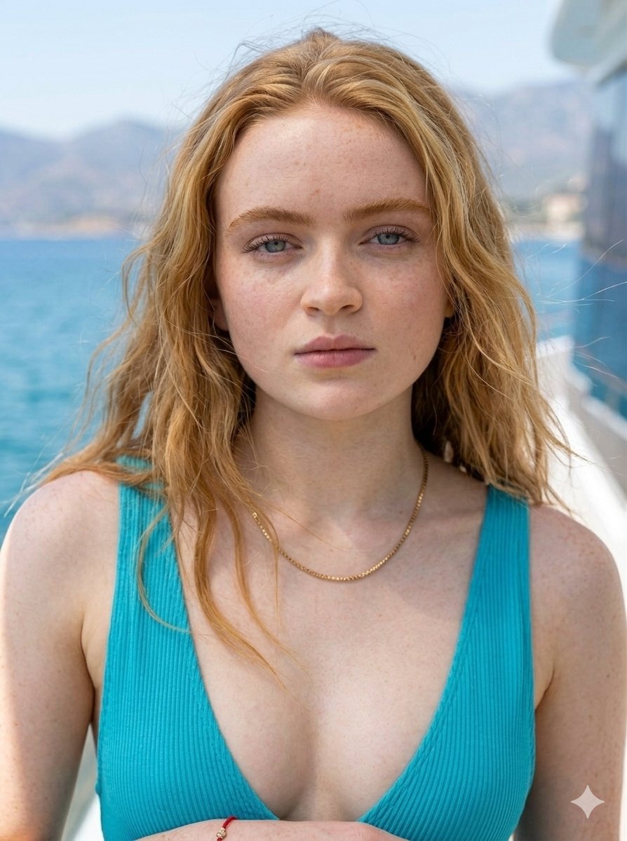 A woman in turquoise swimsuit poses by a luxury yacht railing.