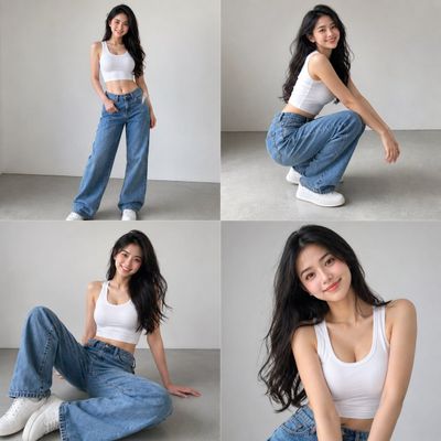 A woman in white top and jeans poses casually in studio