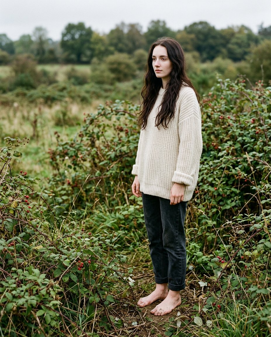 Slender woman in white sweater stands barefoot amid brambles