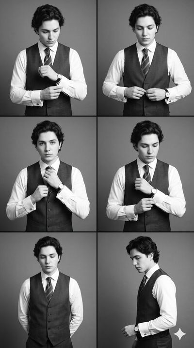 A gentleman poses in six variations on a gray backdrop