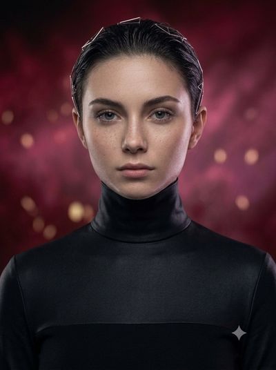 Sleek woman with metallic headband stares confidently under studio lights