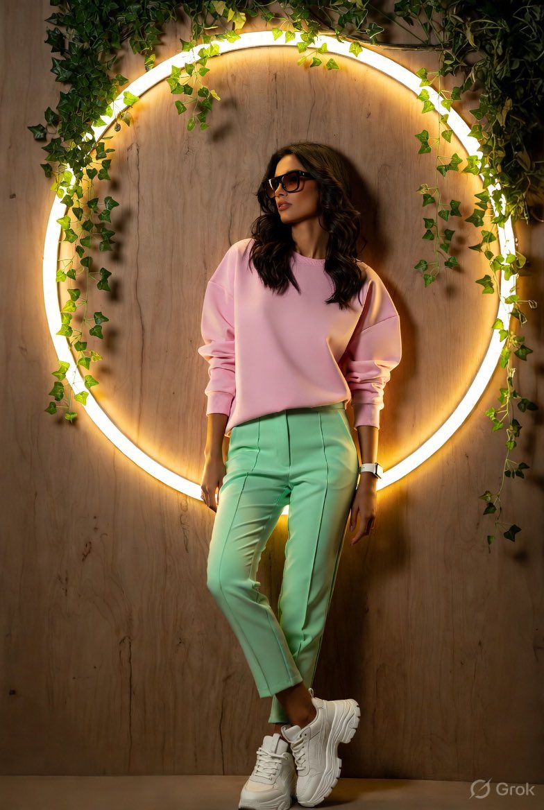 Woman in mint green trousers leans against wooden wall