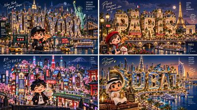 Miniature cityscape built from giant glowing letters with chibi mascot guide