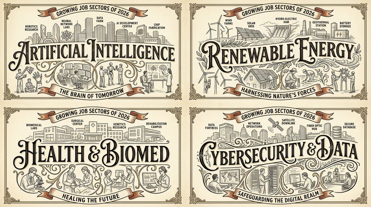 Vintage line art grid maps four booming 2026 job sectors