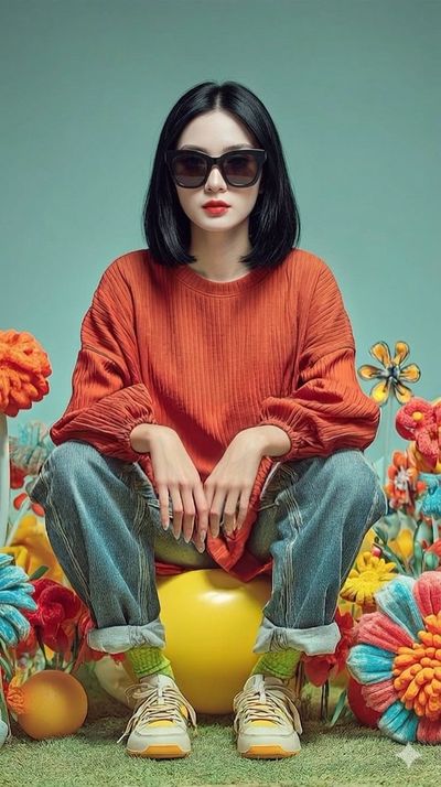 Bold Oversized Fashion Meets Vibrant Plush Florals in Surreal Studio