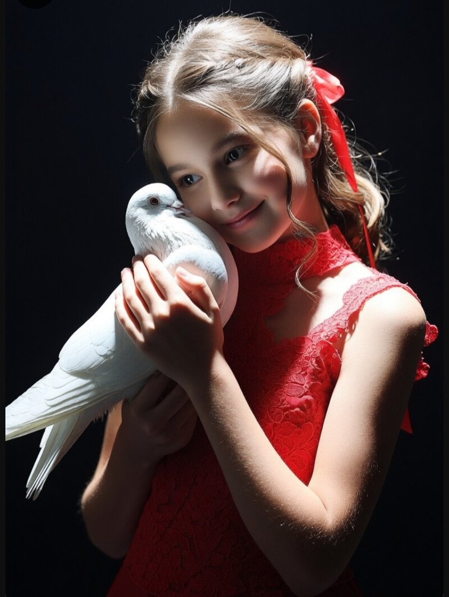 A young girl cradles a white dove in a dramatic portrait