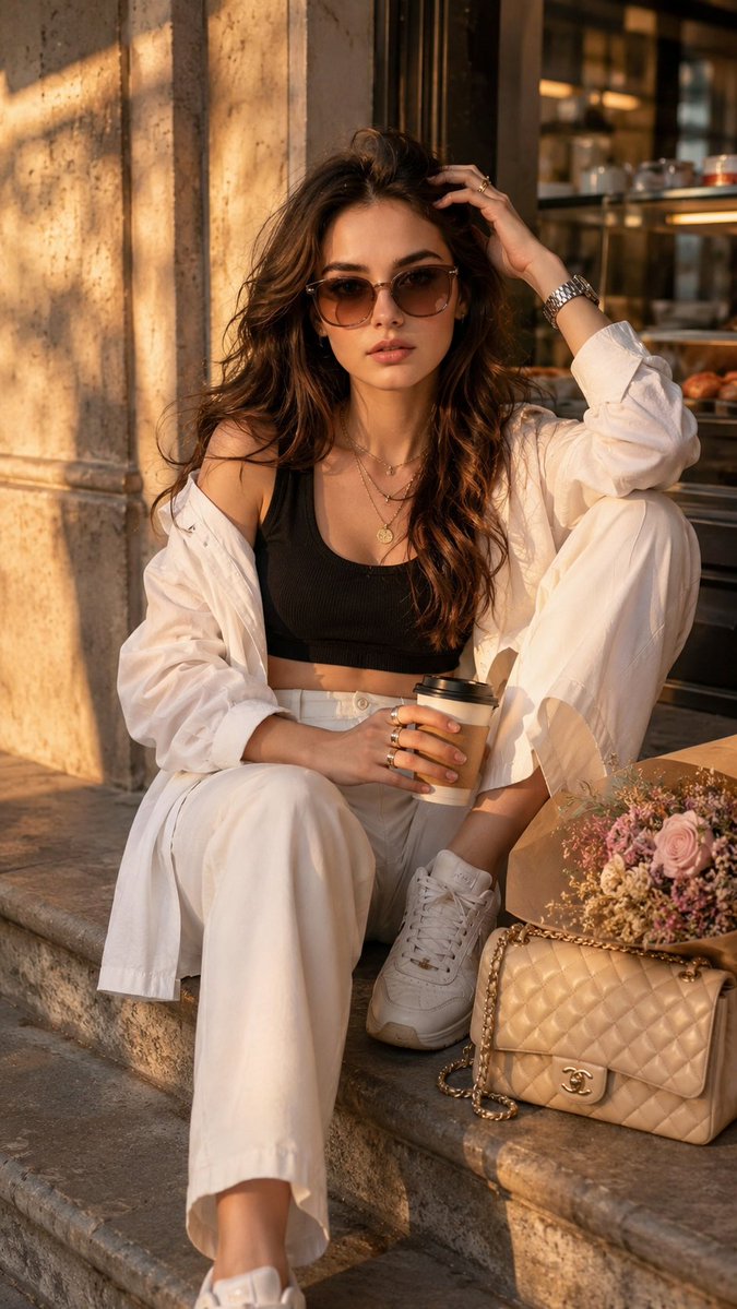 Golden hour café portrait of a stylish woman in effortless fashion