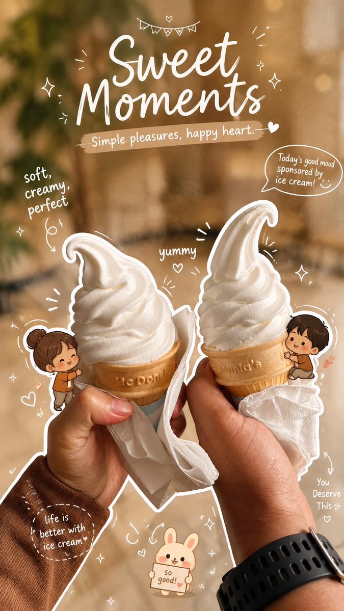 Two hands hold vanilla soft serve cones in warm cafe light