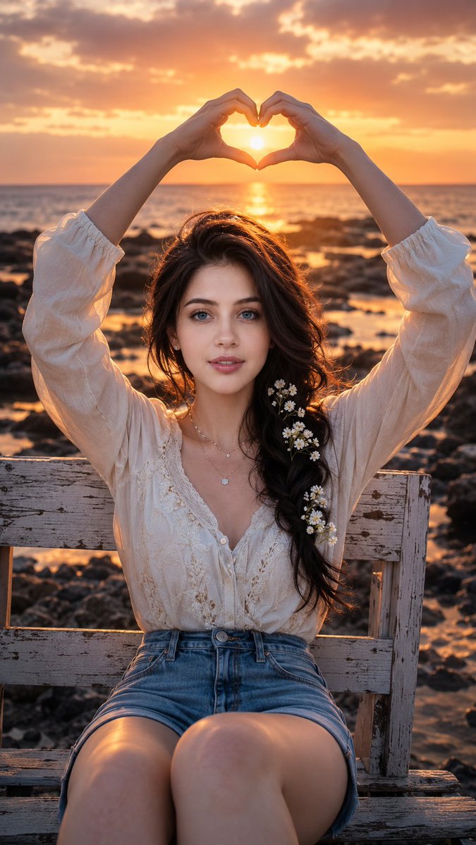 Woman forms heart with hands framing golden sunset on rocky shore