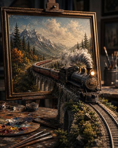 A steam train bursts from a painted landscape into a sunlit studio