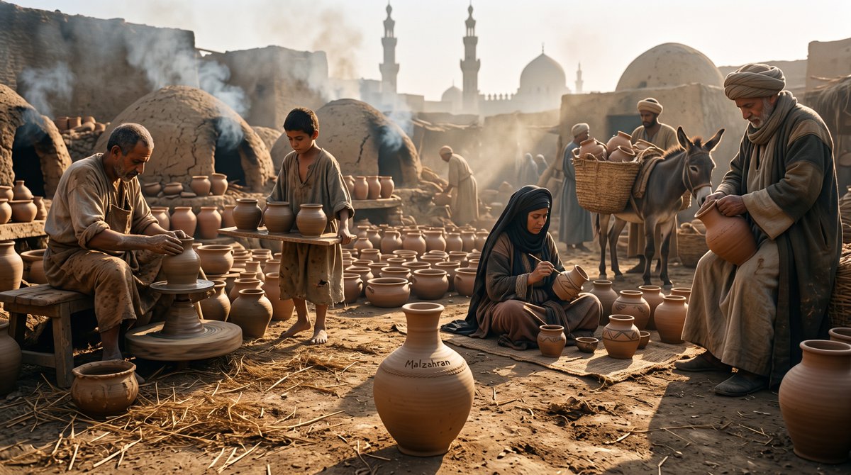 Master potter shapes a clay jar at a smoky Cairo kiln