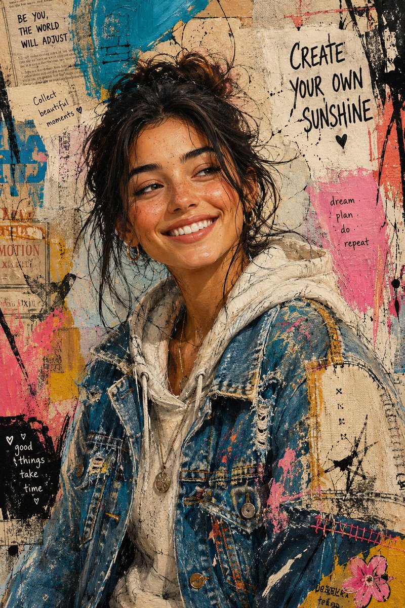 A smiling young woman in a collage of street art and warmth