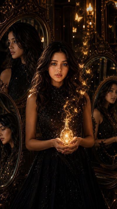 Woman in mirror chamber holds glowing vial amid golden butterflies
