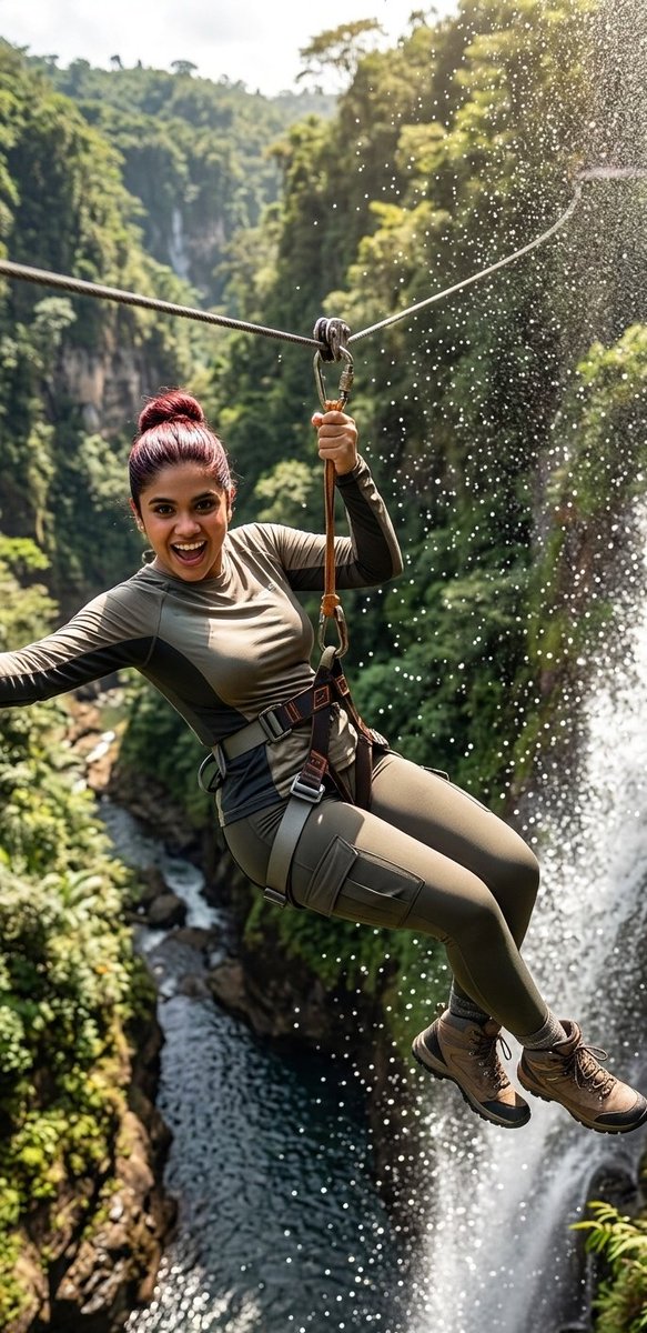Woman ziplines over a tropical canyon with waterfall and mist