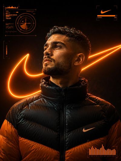A determined young man in a neon-lit puffer jacket stares upward
