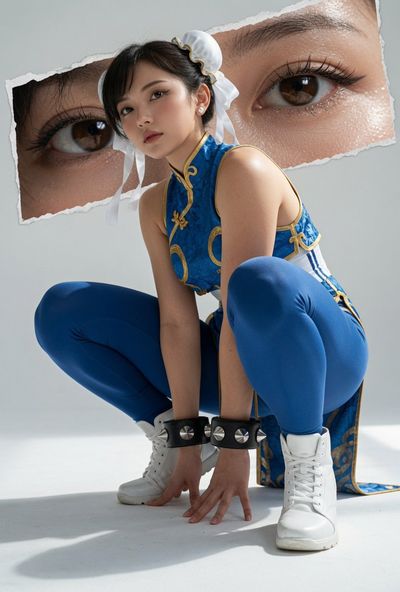 Chun-Li crouches in a blue qipao with detailed gold embroidery