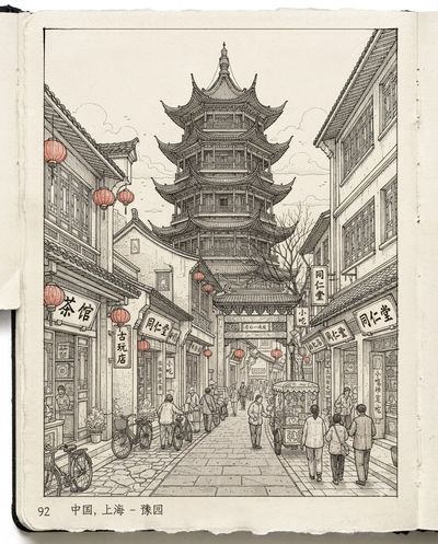 Ink sketch captures a historic city street with fine cross-hatching detail