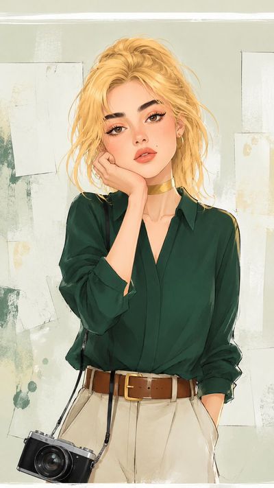 A stylish blonde woman in green blouse holds a vintage camera