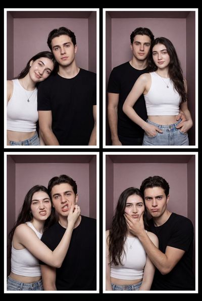 Young couple shares playful photobooth moments with silly faces