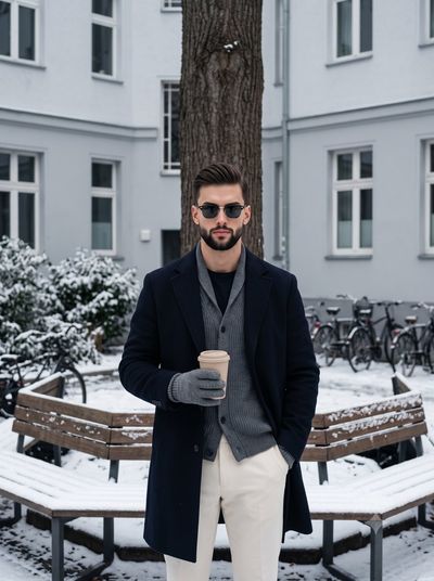 A confident man in a navy coat holds coffee in snowy courtyard