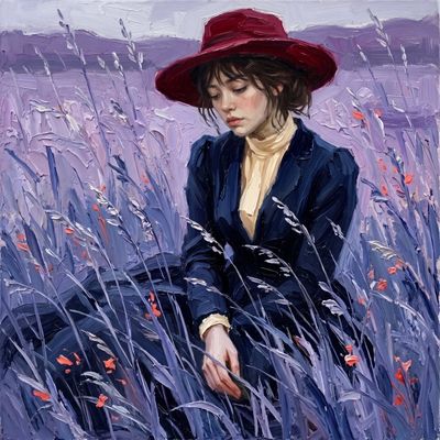 Pensive Woman in Crimson Hat Amid Violet Grass Field