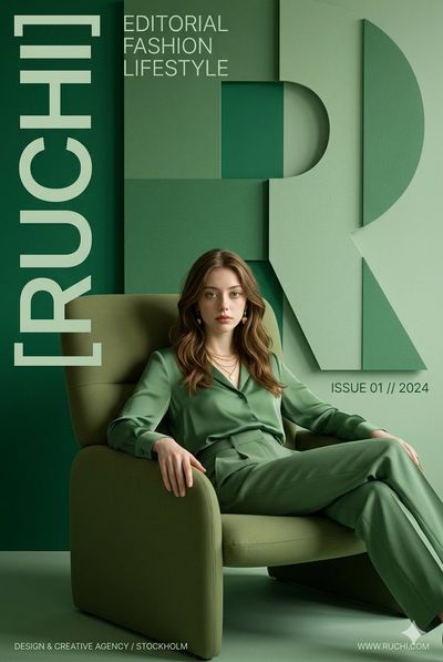 A stylish woman sits in a green monochromatic editorial poster