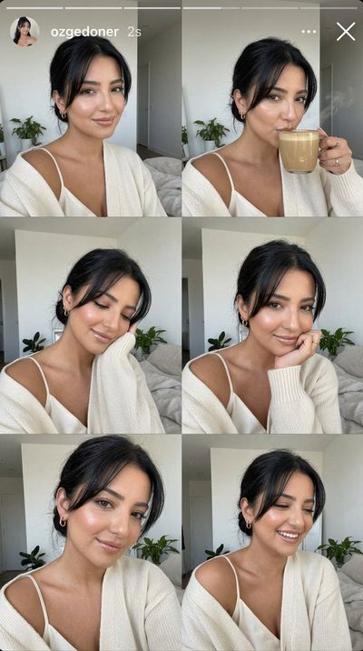 Morning selfie collage showcases fresh-faced beauty in cozy pajamas.