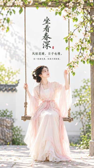 Elegant lady on minimalist swing gazes at pear blossom branch in soft daylight