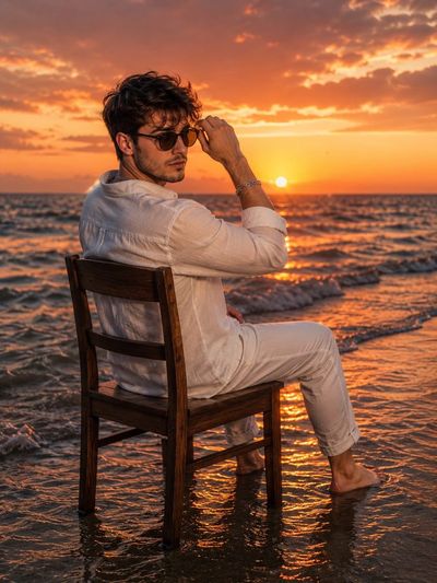 A stylish man in white sits on a chair in golden ocean light.