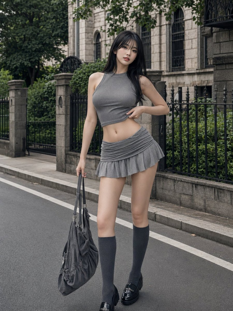 A Korean woman in grey crop top poses on urban sidewalk