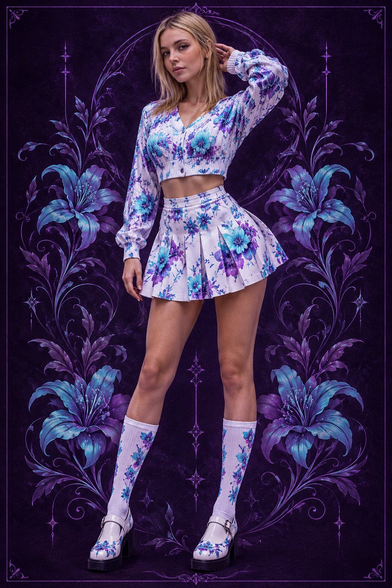 Model in Cyan Floral Outfit Poses Against Dark Violet Backdrop