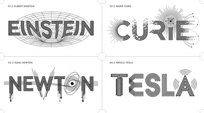 Four scientists' names transformed into geometric wordmarks on a 2x2 grid