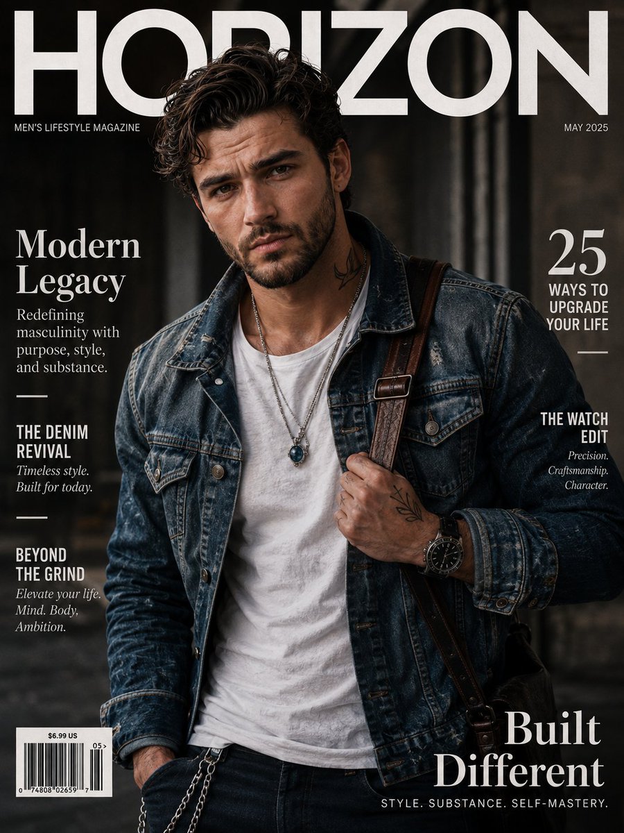 A rugged model in a denim jacket stares confidently from a magazine cover.