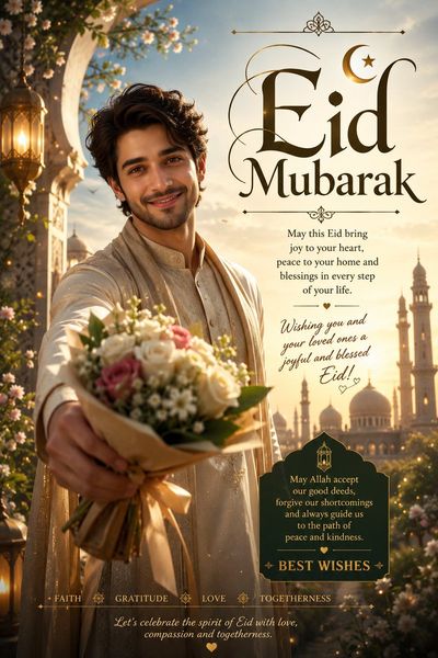 A smiling man offers a flower in a glowing Eid greeting poster