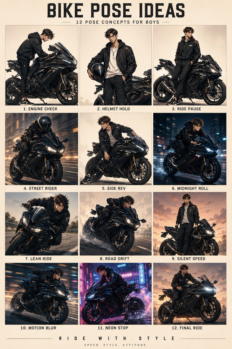 A handsome biker in streetwear poses with a sleek black superbike