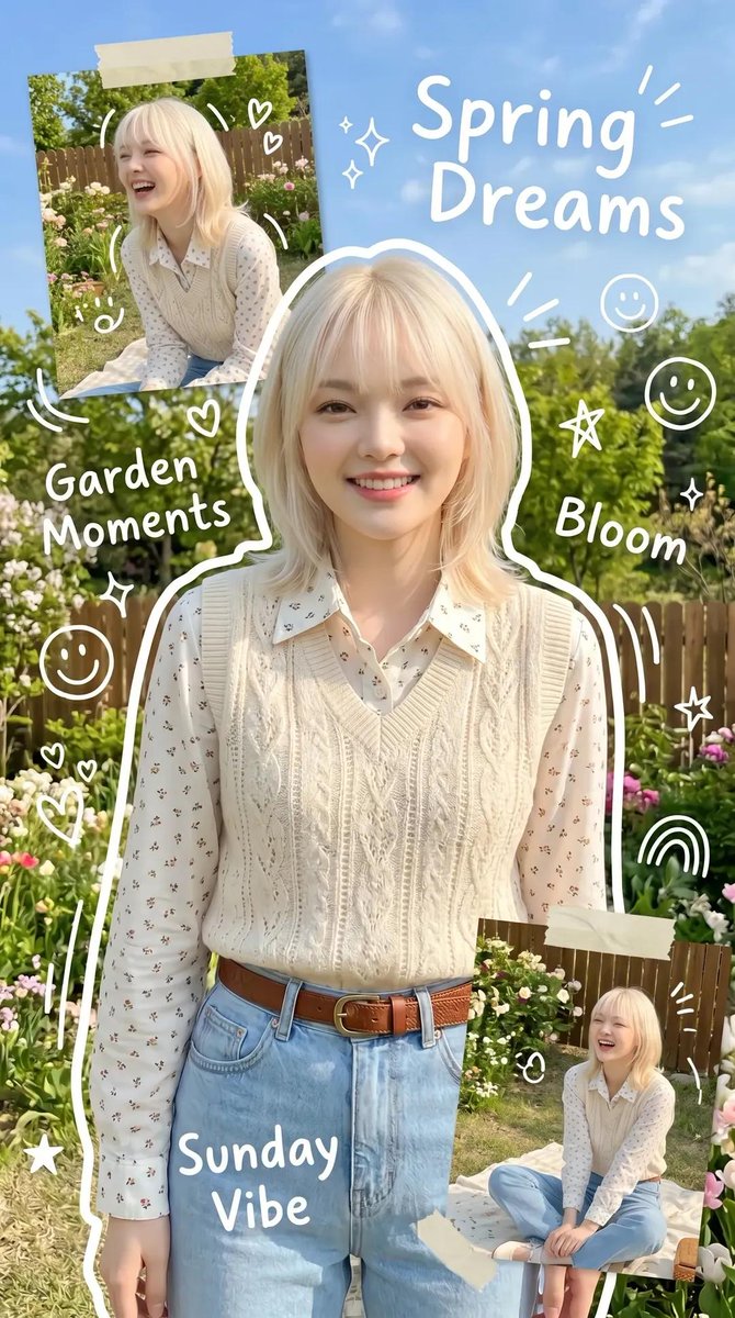 Soft blonde girl smiles in a blooming spring flower garden