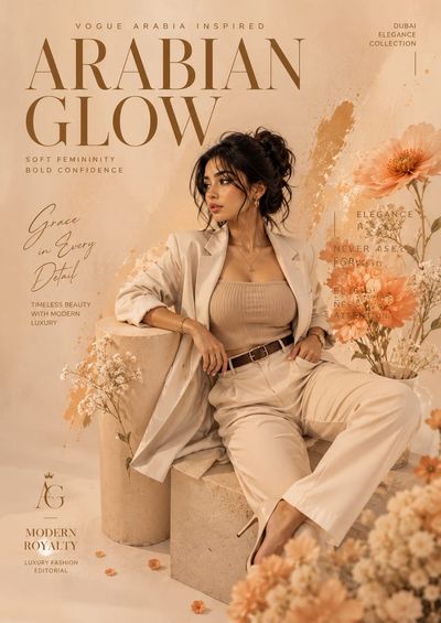 Arabian beauty poses in cream blazer amid peach blossoms