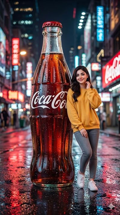 Giant Coca-Cola bottle glows on wet neon city street