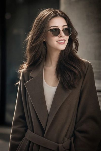 A young Chinese woman in brown coat turns her face away