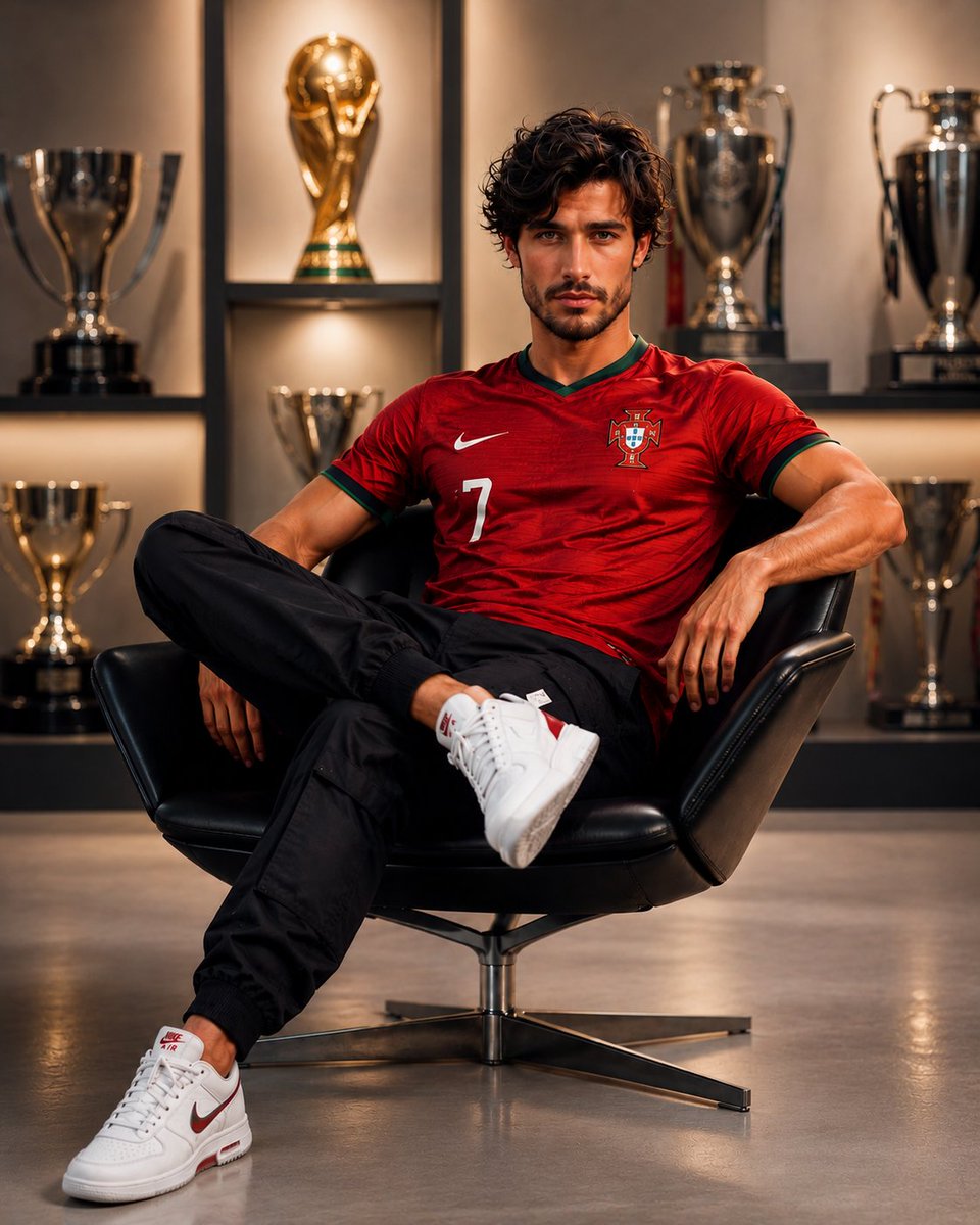 Portugal star poses confidently on designer chair in studio