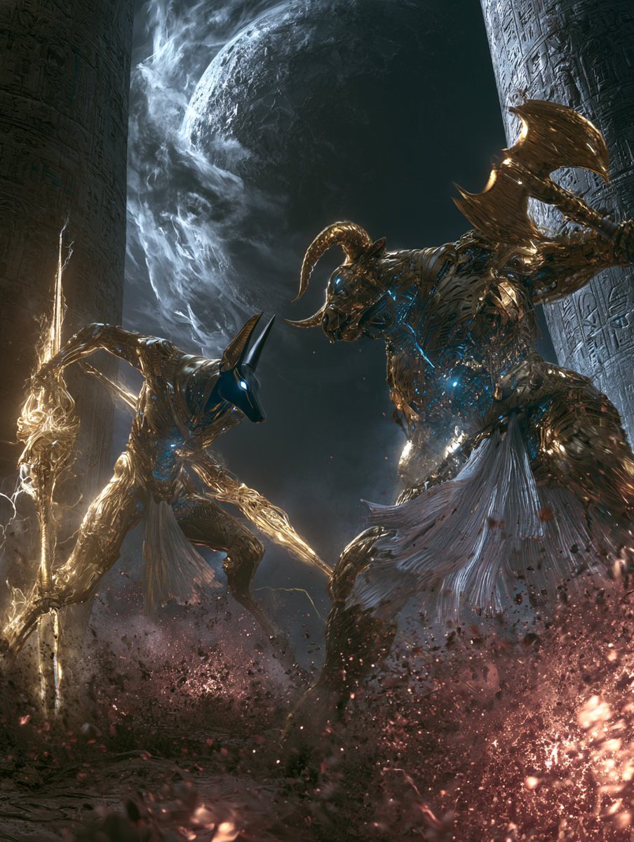 Anubis warrior and Minotaur cyborg clash in explosive moonlit battle