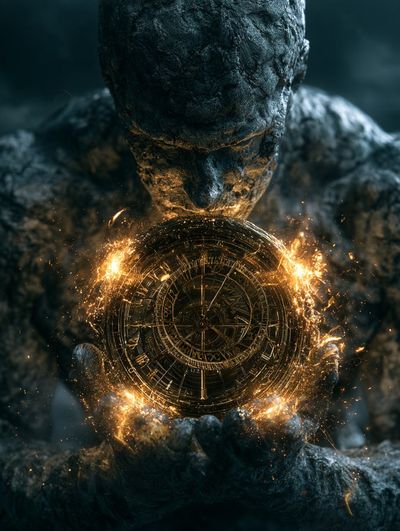 Weathered stone thinker cradles a glowing golden celestial clock