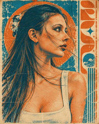 Retro Duotone Portrait with Sweeping Hair in Cyan and Orange