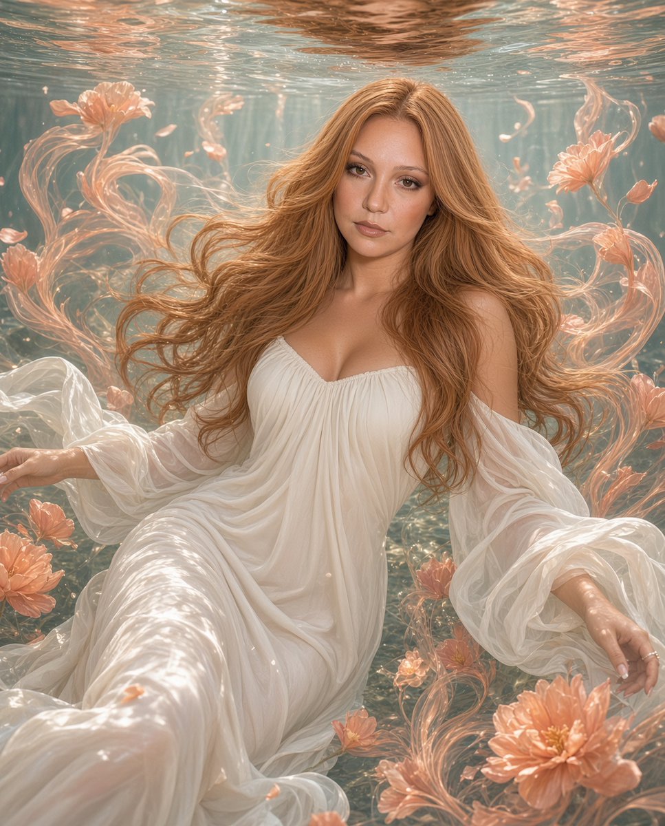 Woman floats underwater in ivory dress amid peach blossoms