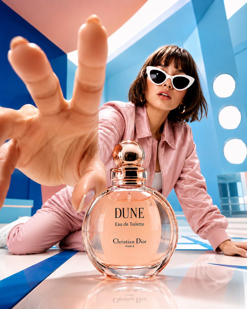 A manicured hand reaches toward a glossy perfume bottle