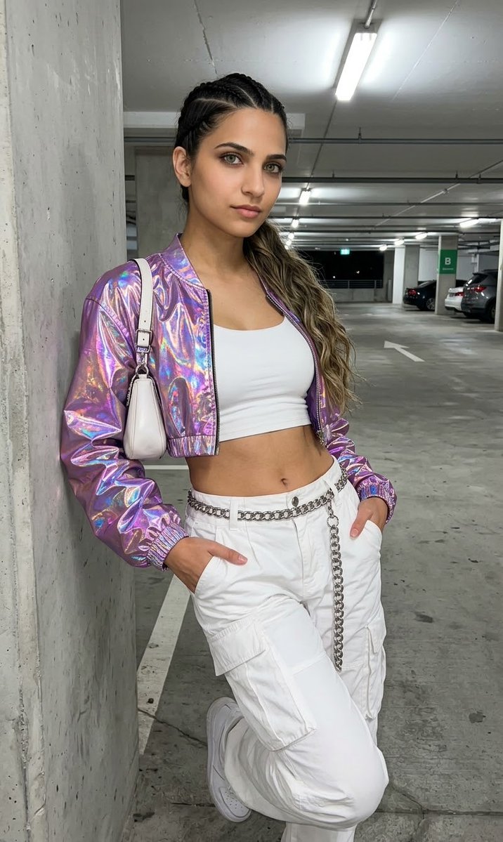 Woman in Holographic Jacket Stands in Neon-Lit Cyberpunk Alley