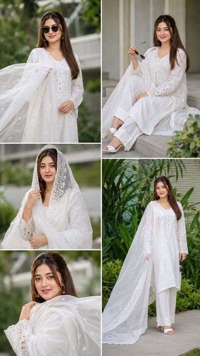 Five frames capture a woman in white lawn suit amid greenery